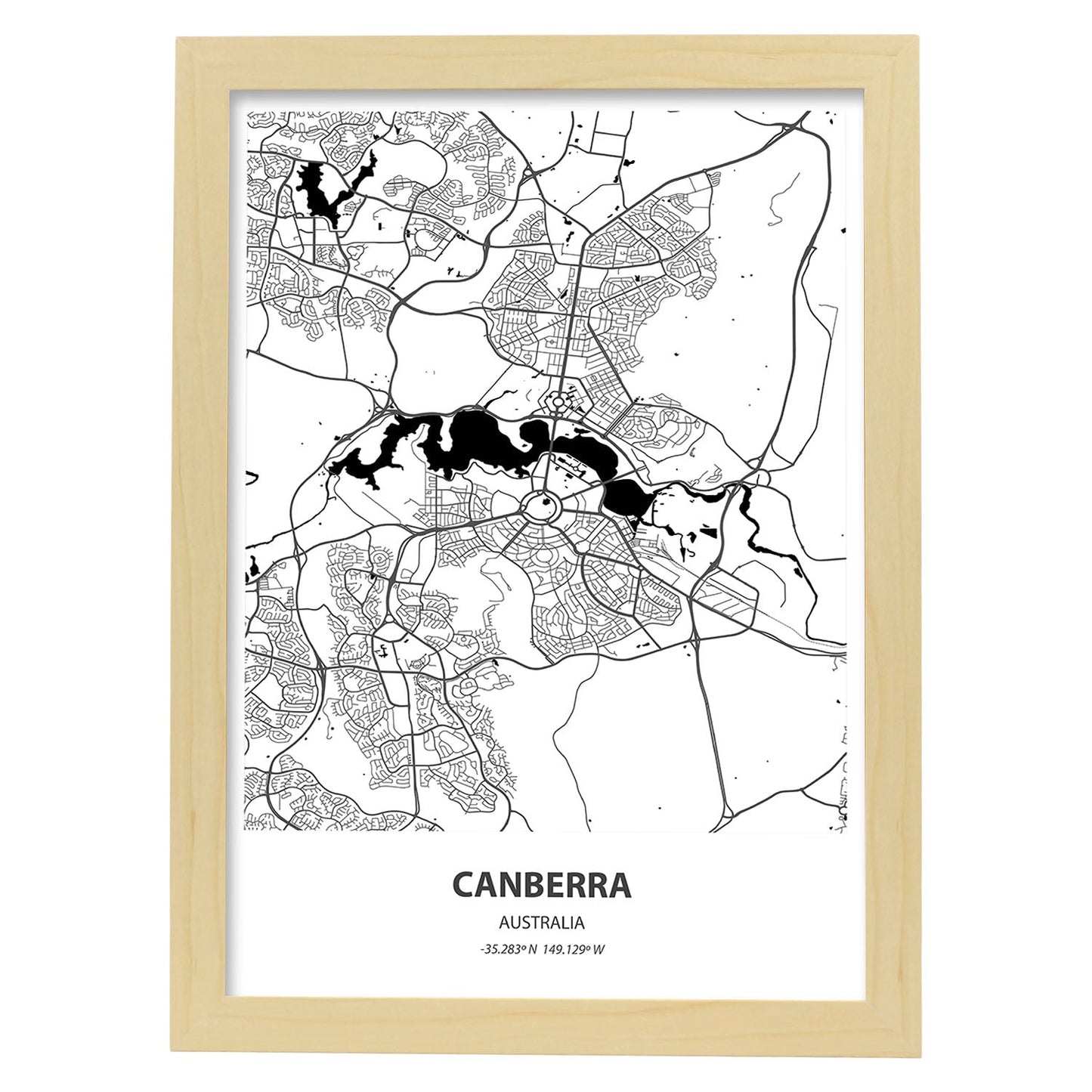 Poster con mapa de Camberra - Australia. Láminas de ciudades de Australia con mares y ríos en color negro.-Artwork-Nacnic-A3-Marco Madera clara-Nacnic Estudio SL