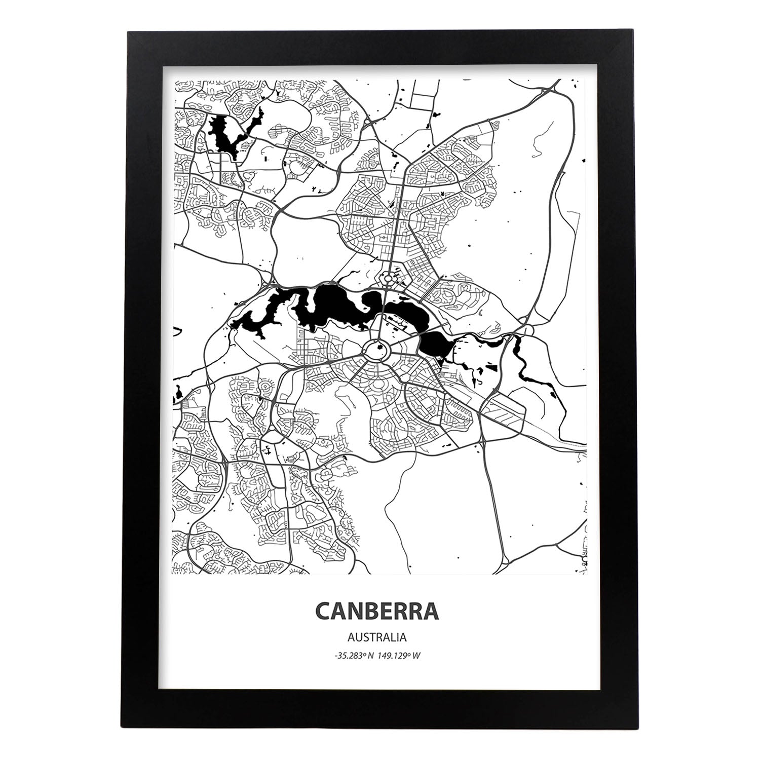 Poster con mapa de Camberra - Australia. Láminas de ciudades de Australia con mares y ríos en color negro.-Artwork-Nacnic-A3-Marco Negro-Nacnic Estudio SL
