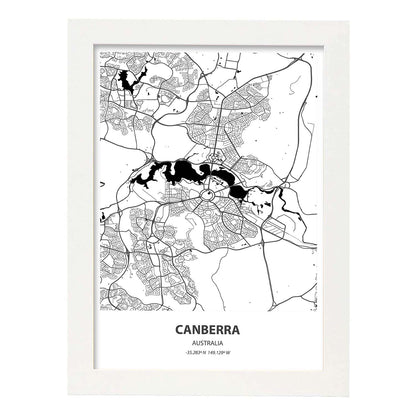 Poster con mapa de Camberra - Australia. Láminas de ciudades de Australia con mares y ríos en color negro.-Artwork-Nacnic-A4-Marco Blanco-Nacnic Estudio SL