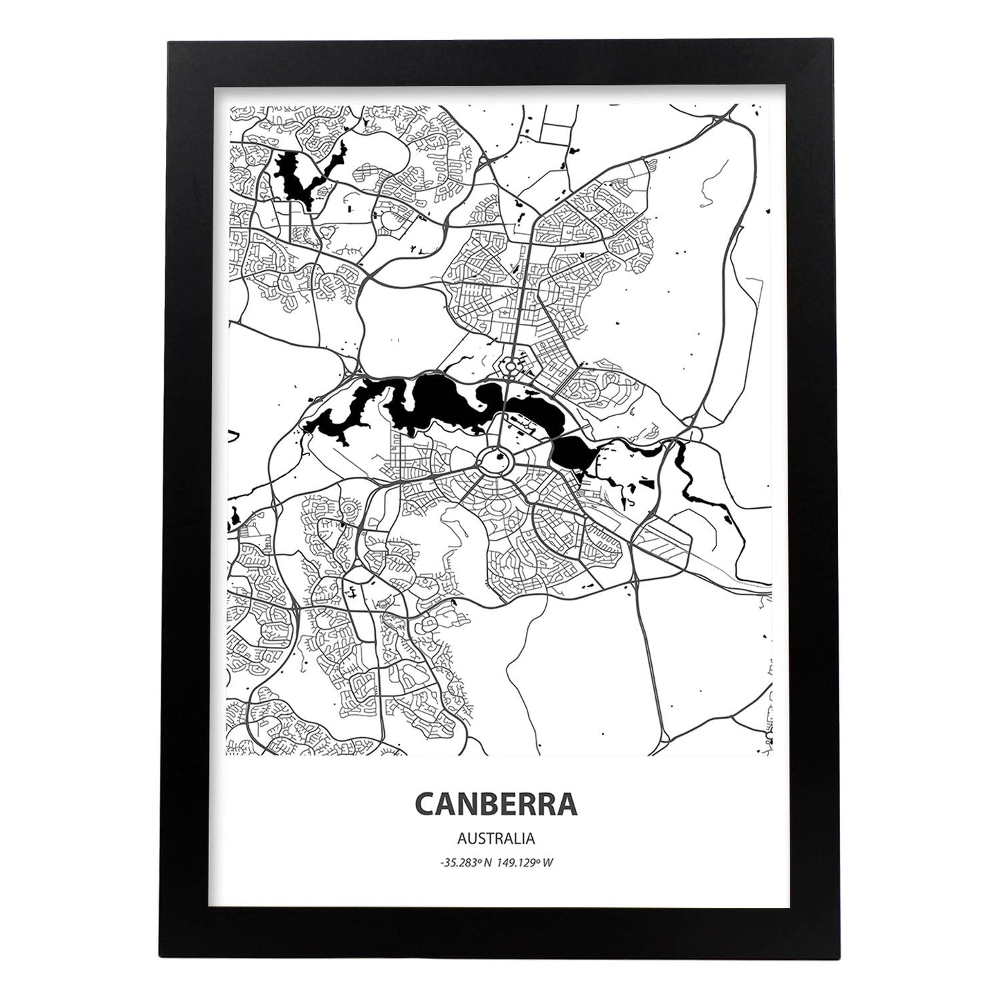 Poster con mapa de Camberra - Australia. Láminas de ciudades de Australia con mares y ríos en color negro.-Artwork-Nacnic-A4-Marco Negro-Nacnic Estudio SL