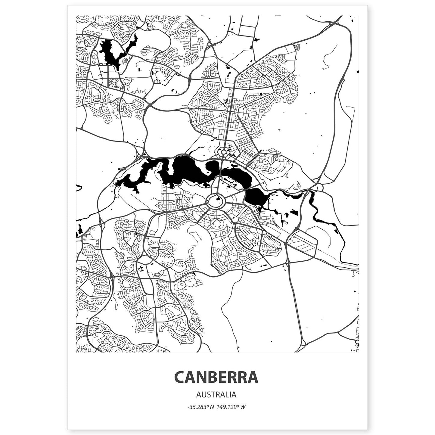 Poster con mapa de Camberra - Australia. Láminas de ciudades de Australia con mares y ríos en color negro.-Artwork-Nacnic-A4-Sin marco-Nacnic Estudio SL