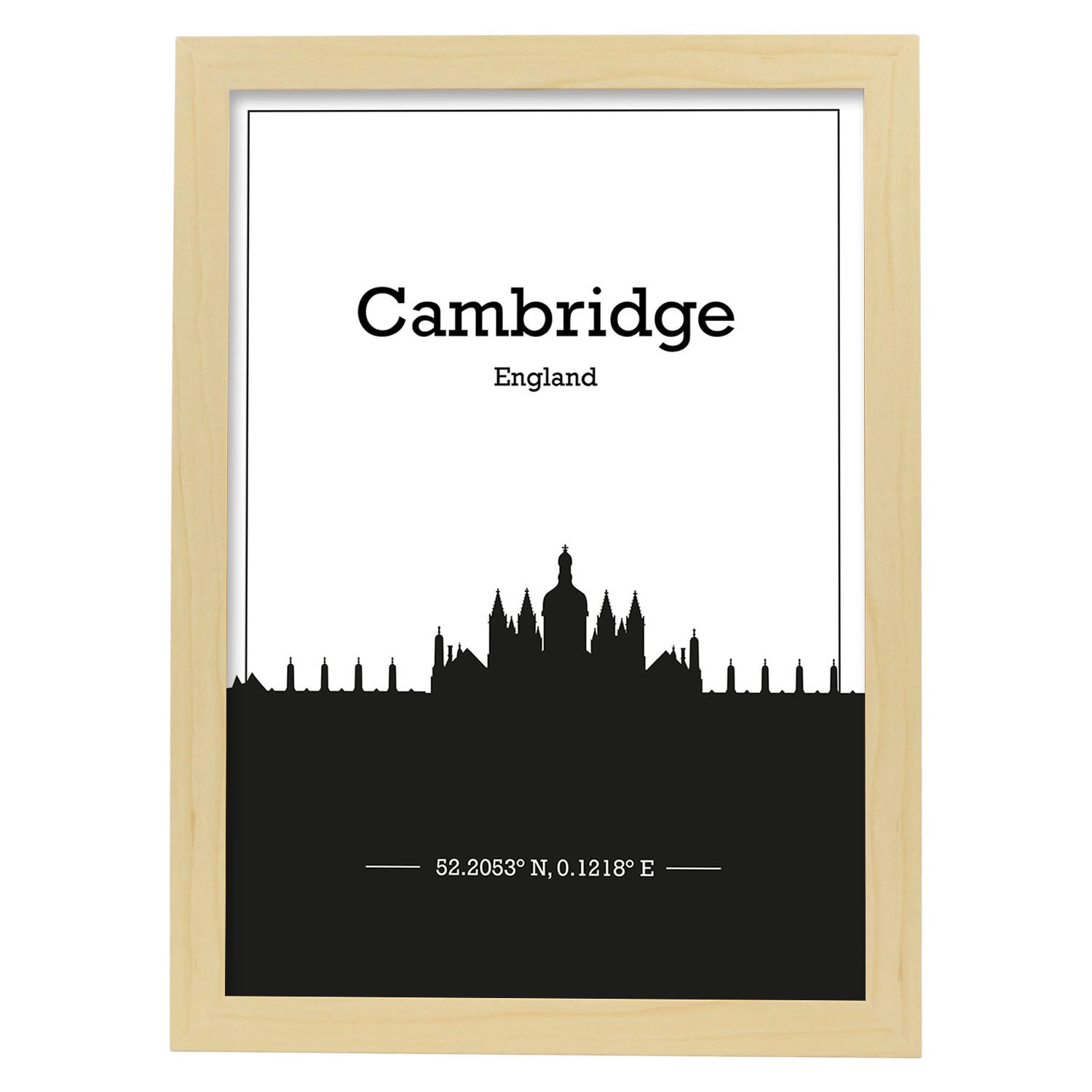 Poster con mapa de Cambridge - Inglaterrapdf. Láminas con Skyline de ciudades de Inglaterra e Irlanda con sombra negra.-Artwork-Nacnic-A3-Marco Madera clara-Nacnic Estudio SL