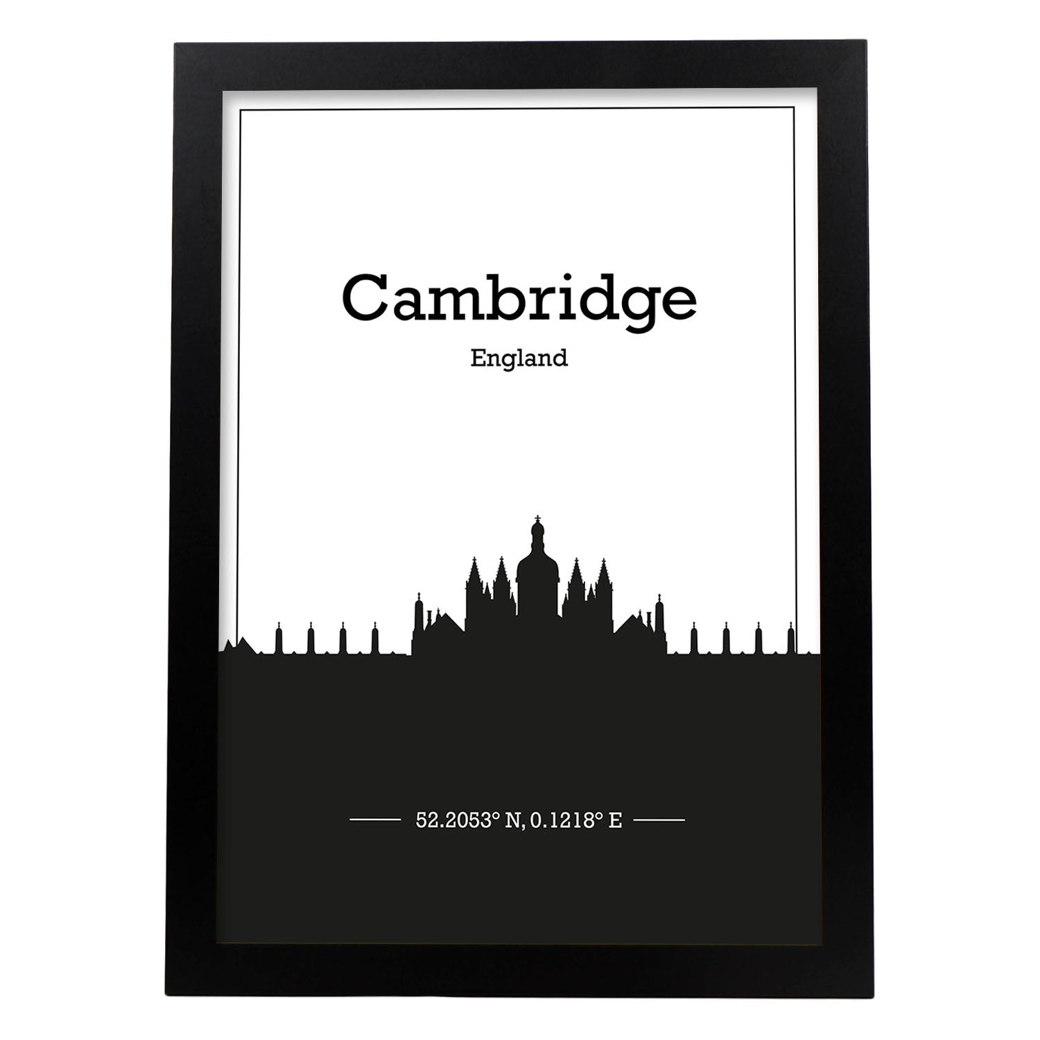 Poster con mapa de Cambridge - Inglaterrapdf. Láminas con Skyline de ciudades de Inglaterra e Irlanda con sombra negra.-Artwork-Nacnic-A3-Marco Negro-Nacnic Estudio SL