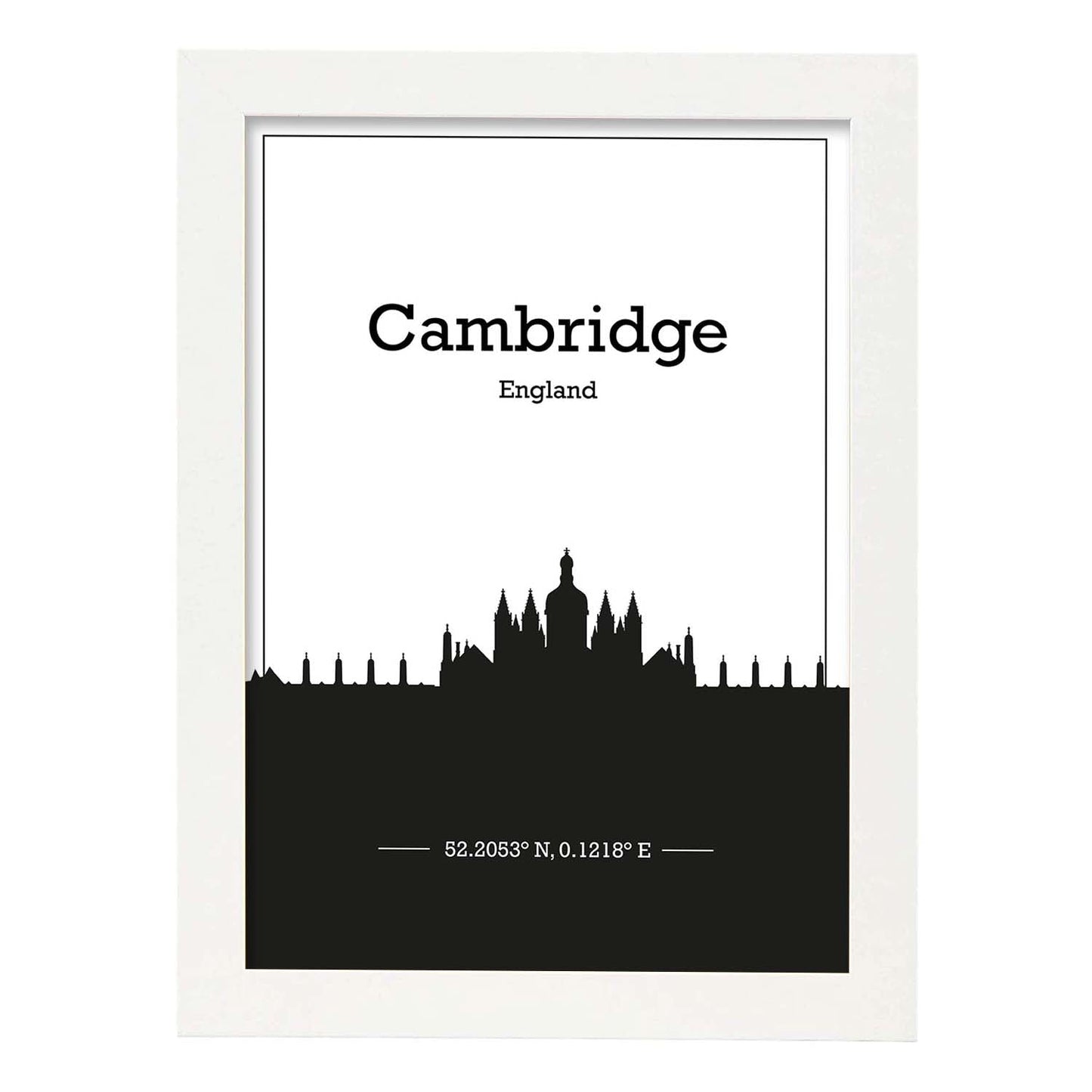 Poster con mapa de Cambridge - Inglaterrapdf. Láminas con Skyline de ciudades de Inglaterra e Irlanda con sombra negra.-Artwork-Nacnic-A4-Marco Blanco-Nacnic Estudio SL