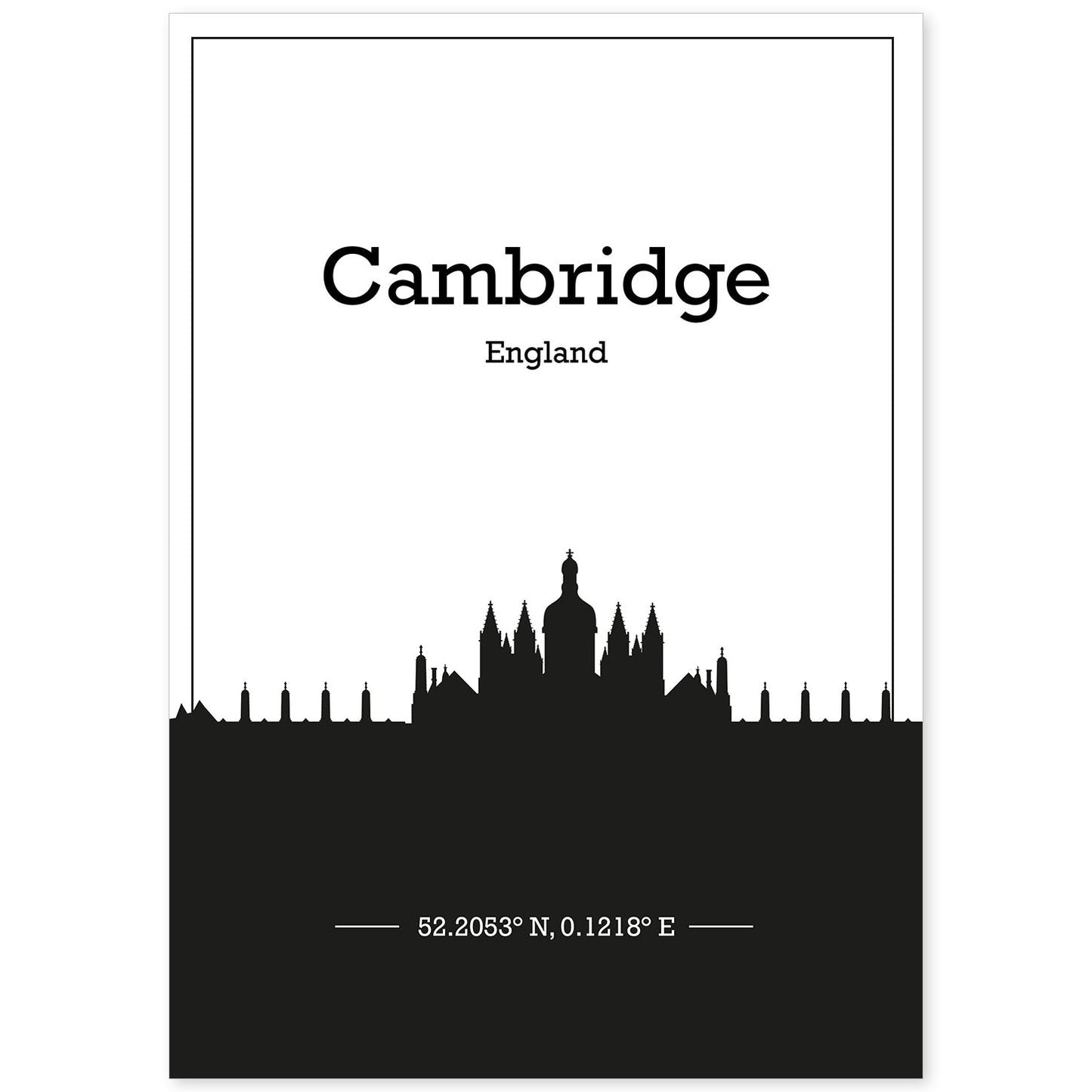 Poster con mapa de Cambridge - Inglaterrapdf. Láminas con Skyline de ciudades de Inglaterra e Irlanda con sombra negra.-Artwork-Nacnic-A4-Sin marco-Nacnic Estudio SL