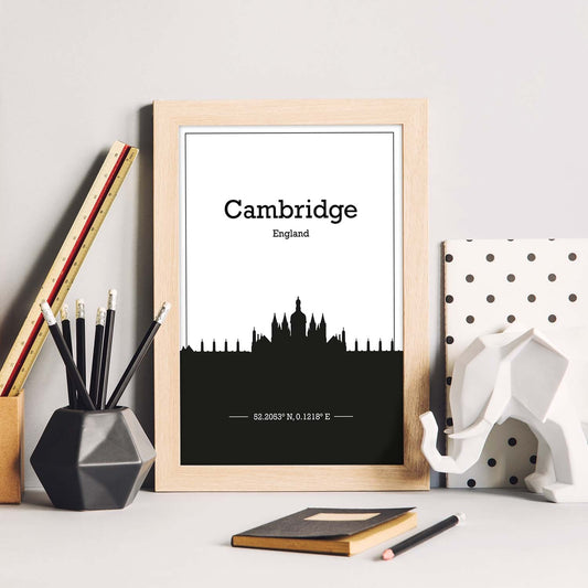 Poster con mapa de Cambridge - Inglaterrapdf. Láminas con Skyline de ciudades de Inglaterra e Irlanda con sombra negra.-Artwork-Nacnic-Nacnic Estudio SL