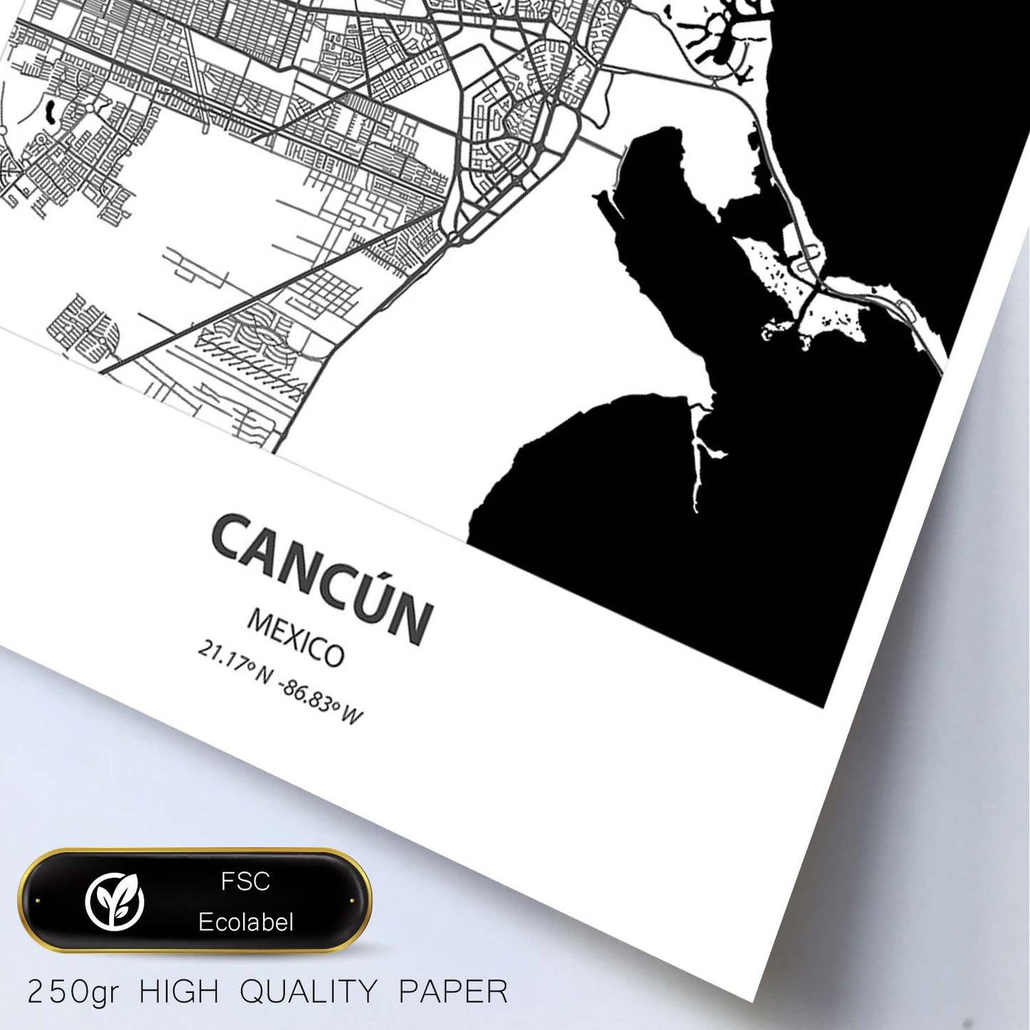 Poster con mapa de Cancun - Mexico. Láminas de ciudades de Latinoamérica con mares y ríos en color negro.-Artwork-Nacnic-Nacnic Estudio SL