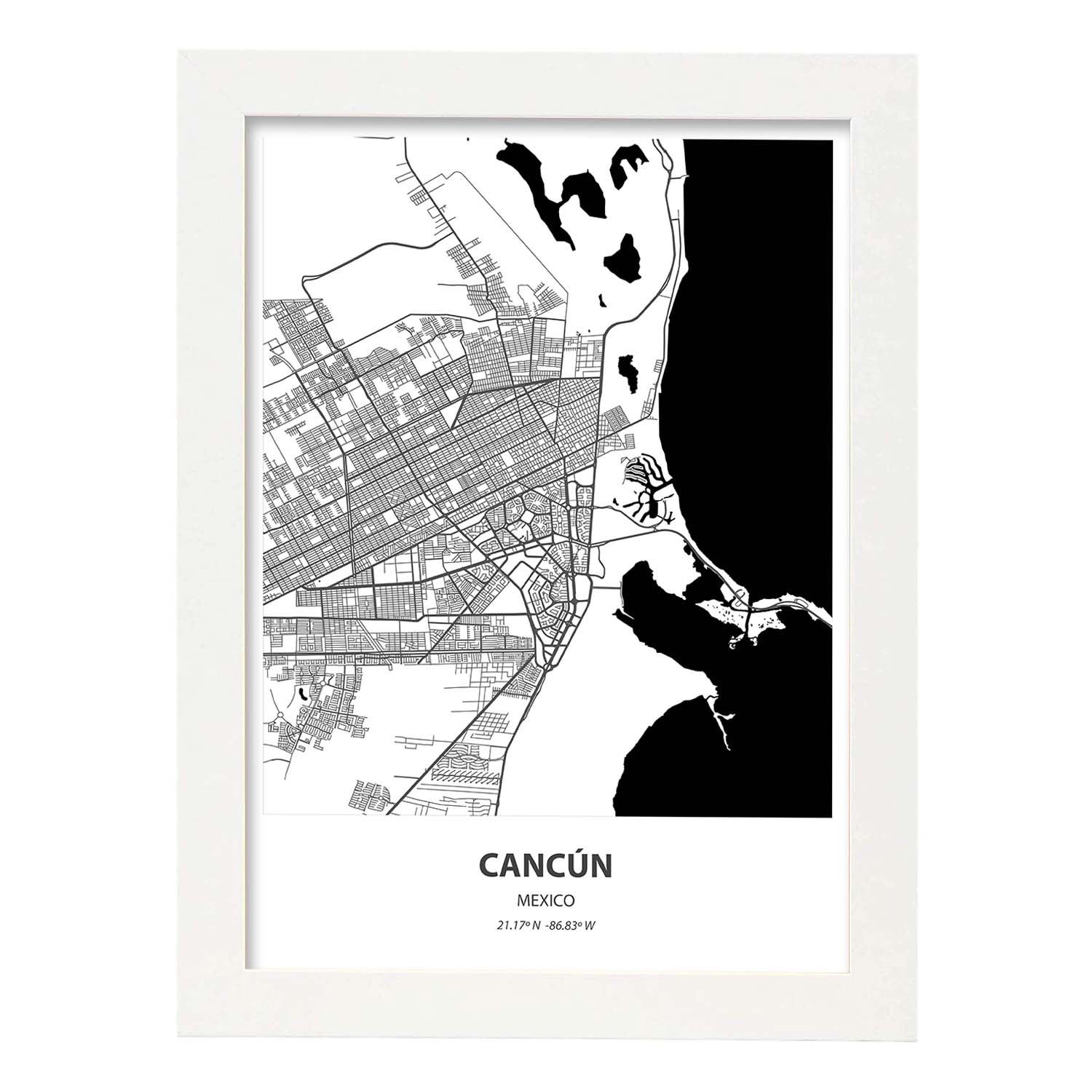 Poster con mapa de Cancun - Mexico. Láminas de ciudades de Latinoamérica con mares y ríos en color negro.-Artwork-Nacnic-A3-Marco Blanco-Nacnic Estudio SL