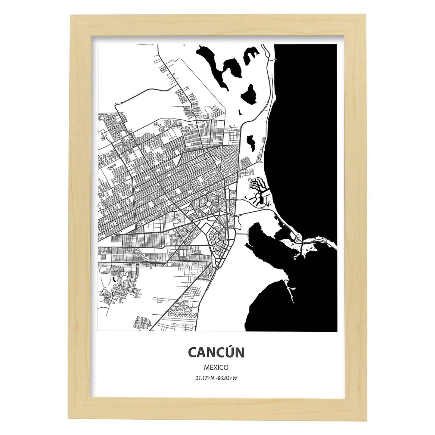 Poster con mapa de Cancun - Mexico. Láminas de ciudades de Latinoamérica con mares y ríos en color negro.-Artwork-Nacnic-A3-Marco Madera clara-Nacnic Estudio SL