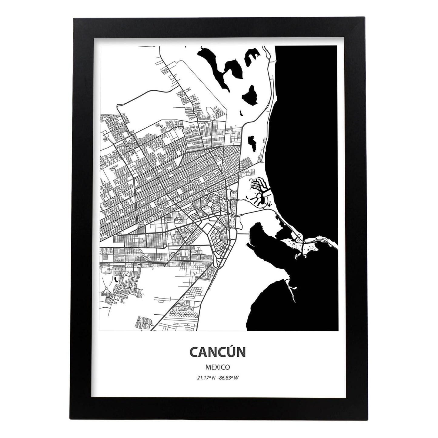 Poster con mapa de Cancun - Mexico. Láminas de ciudades de Latinoamérica con mares y ríos en color negro.-Artwork-Nacnic-A3-Marco Negro-Nacnic Estudio SL