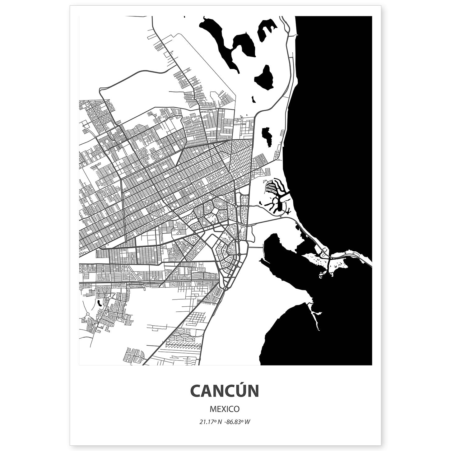 Poster con mapa de Cancun - Mexico. Láminas de ciudades de Latinoamérica con mares y ríos en color negro.-Artwork-Nacnic-A4-Sin marco-Nacnic Estudio SL