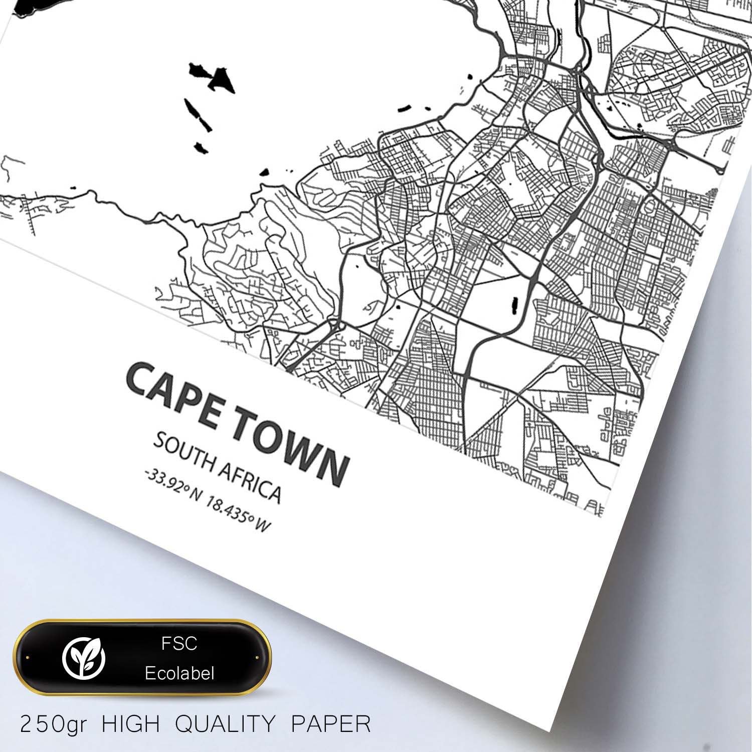 Poster con mapa de Cape Town - Sudáfrica. Láminas de ciudades de África con mares y ríos en color negro.-Artwork-Nacnic-Nacnic Estudio SL