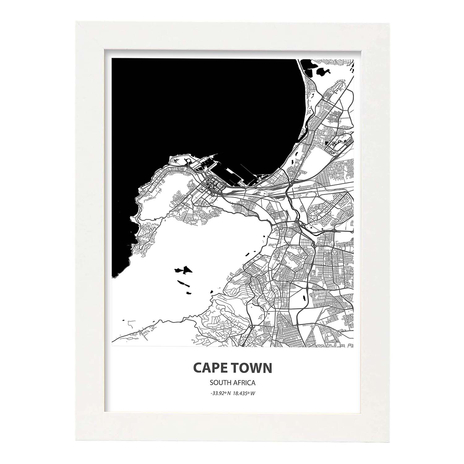 Poster con mapa de Cape Town - Sudáfrica. Láminas de ciudades de África con mares y ríos en color negro.-Artwork-Nacnic-A3-Marco Blanco-Nacnic Estudio SL
