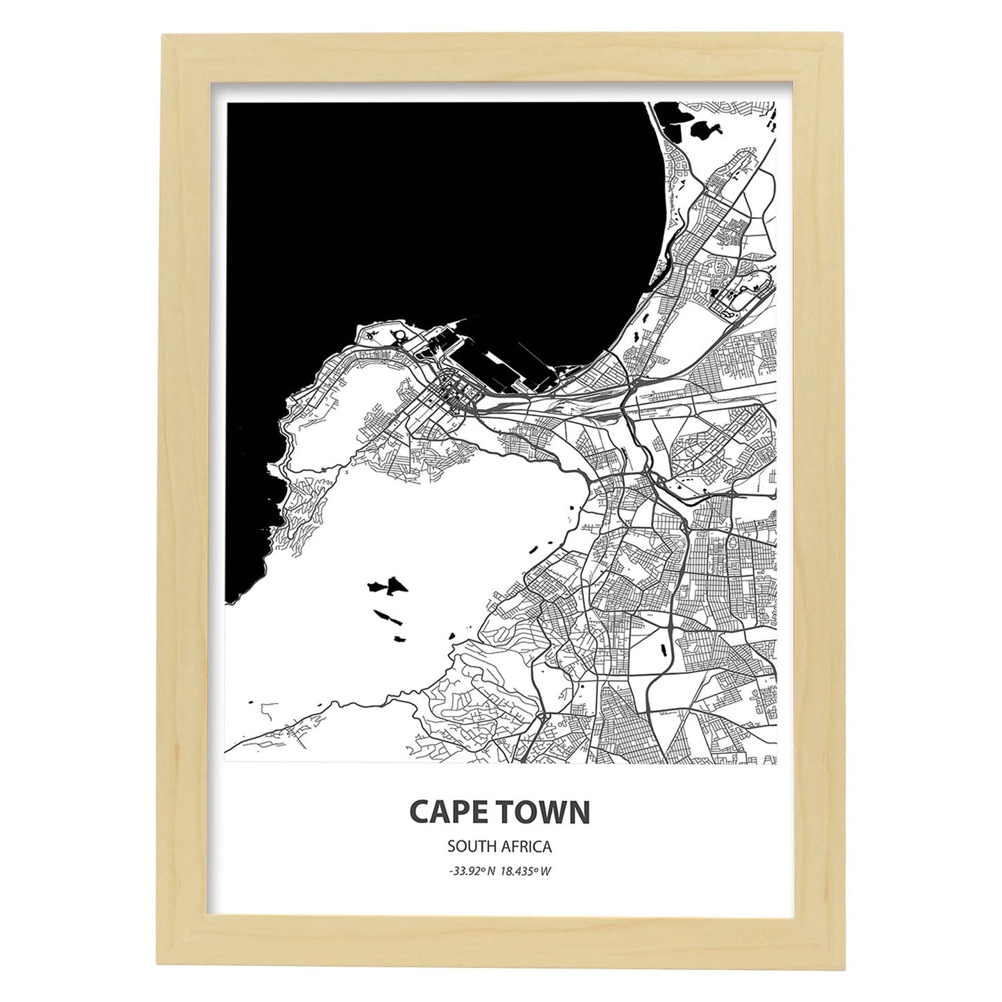 Poster con mapa de Cape Town - Sudáfrica. Láminas de ciudades de África con mares y ríos en color negro.-Artwork-Nacnic-A3-Marco Madera clara-Nacnic Estudio SL