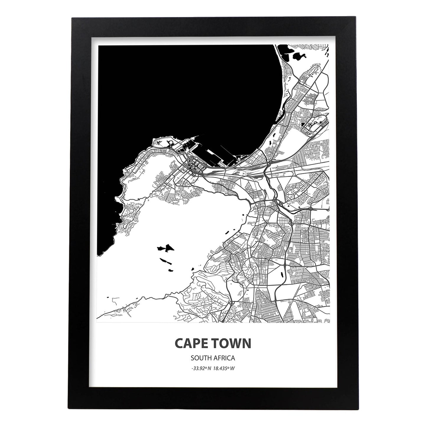 Poster con mapa de Cape Town - Sudáfrica. Láminas de ciudades de África con mares y ríos en color negro.-Artwork-Nacnic-A3-Marco Negro-Nacnic Estudio SL