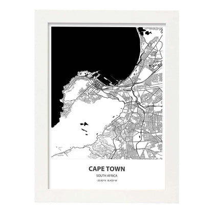 Poster con mapa de Cape Town - Sudáfrica. Láminas de ciudades de África con mares y ríos en color negro.-Artwork-Nacnic-A4-Marco Blanco-Nacnic Estudio SL