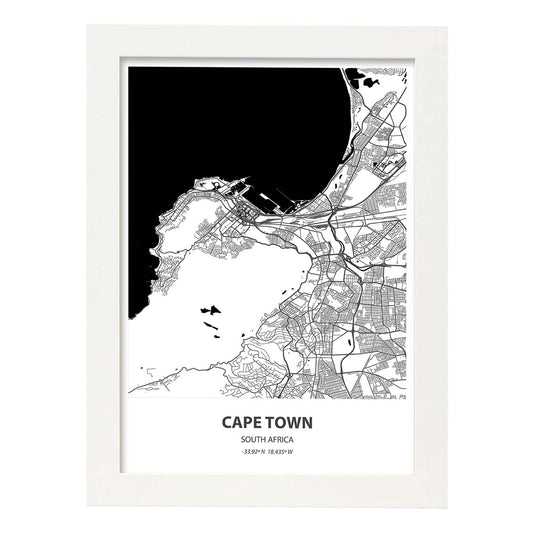 Poster con mapa de Cape Town - Sudáfrica. Láminas de ciudades de África con mares y ríos en color negro.-Artwork-Nacnic-A4-Marco Blanco-Nacnic Estudio SL