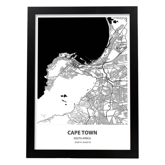 Poster con mapa de Cape Town - Sudáfrica. Láminas de ciudades de África con mares y ríos en color negro.-Artwork-Nacnic-A4-Marco Negro-Nacnic Estudio SL