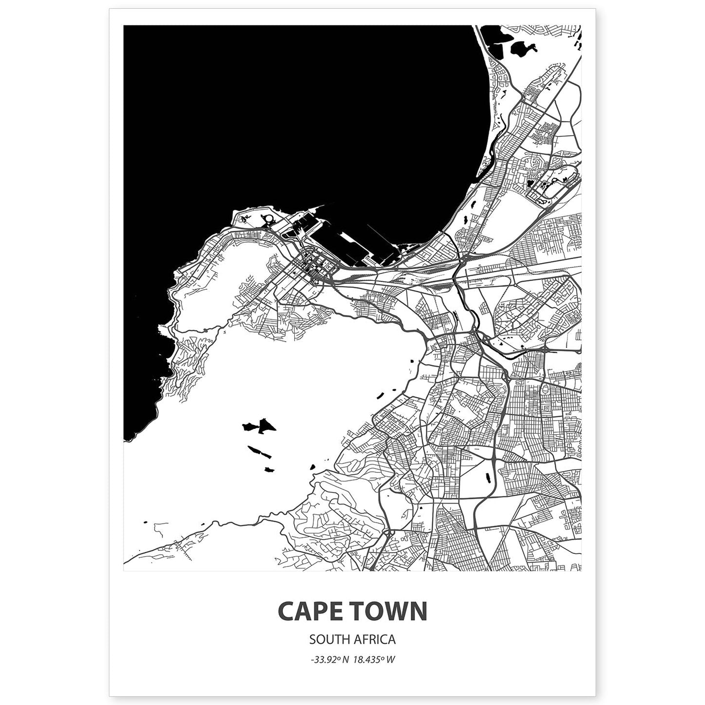 Poster con mapa de Cape Town - Sudáfrica. Láminas de ciudades de África con mares y ríos en color negro.-Artwork-Nacnic-A4-Sin marco-Nacnic Estudio SL