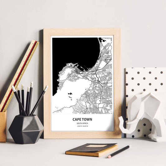 Poster con mapa de Cape Town - Sudáfrica. Láminas de ciudades de África con mares y ríos en color negro.-Artwork-Nacnic-Nacnic Estudio SL
