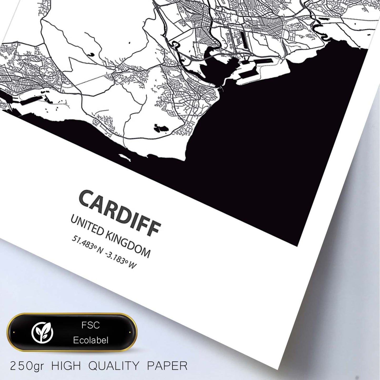 Poster con mapa de Cardiff - Reino Unido. Láminas de ciudades de Reino Unido con mares y ríos en color negro.-Artwork-Nacnic-Nacnic Estudio SL