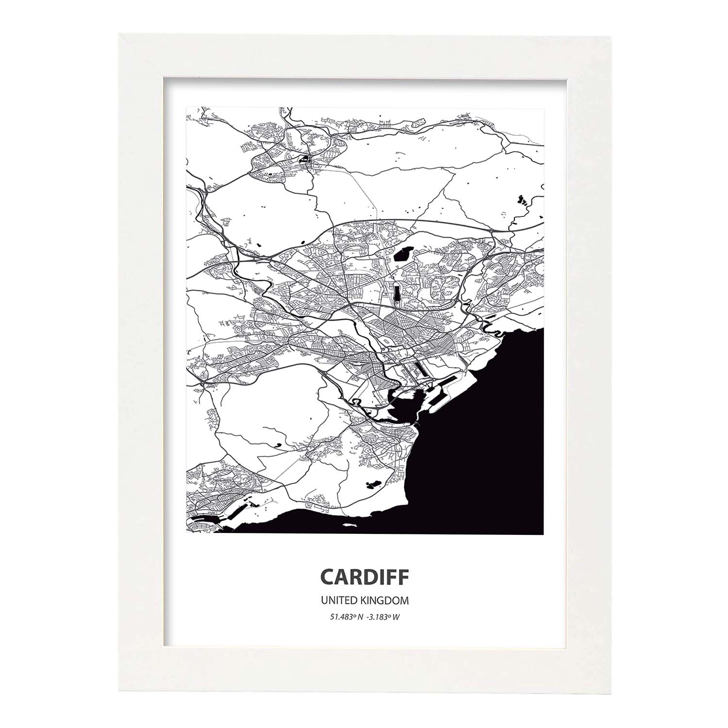 Poster con mapa de Cardiff - Reino Unido. Láminas de ciudades de Reino Unido con mares y ríos en color negro.-Artwork-Nacnic-A3-Marco Blanco-Nacnic Estudio SL
