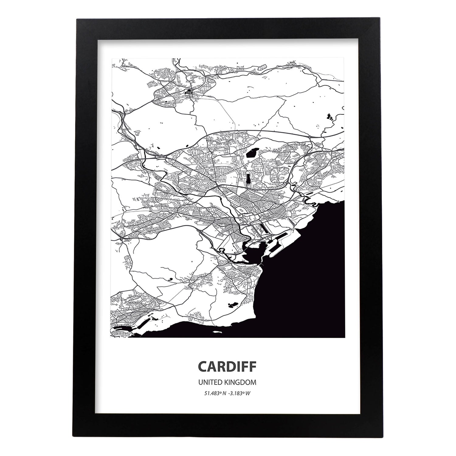 Poster con mapa de Cardiff - Reino Unido. Láminas de ciudades de Reino Unido con mares y ríos en color negro.-Artwork-Nacnic-A3-Marco Negro-Nacnic Estudio SL