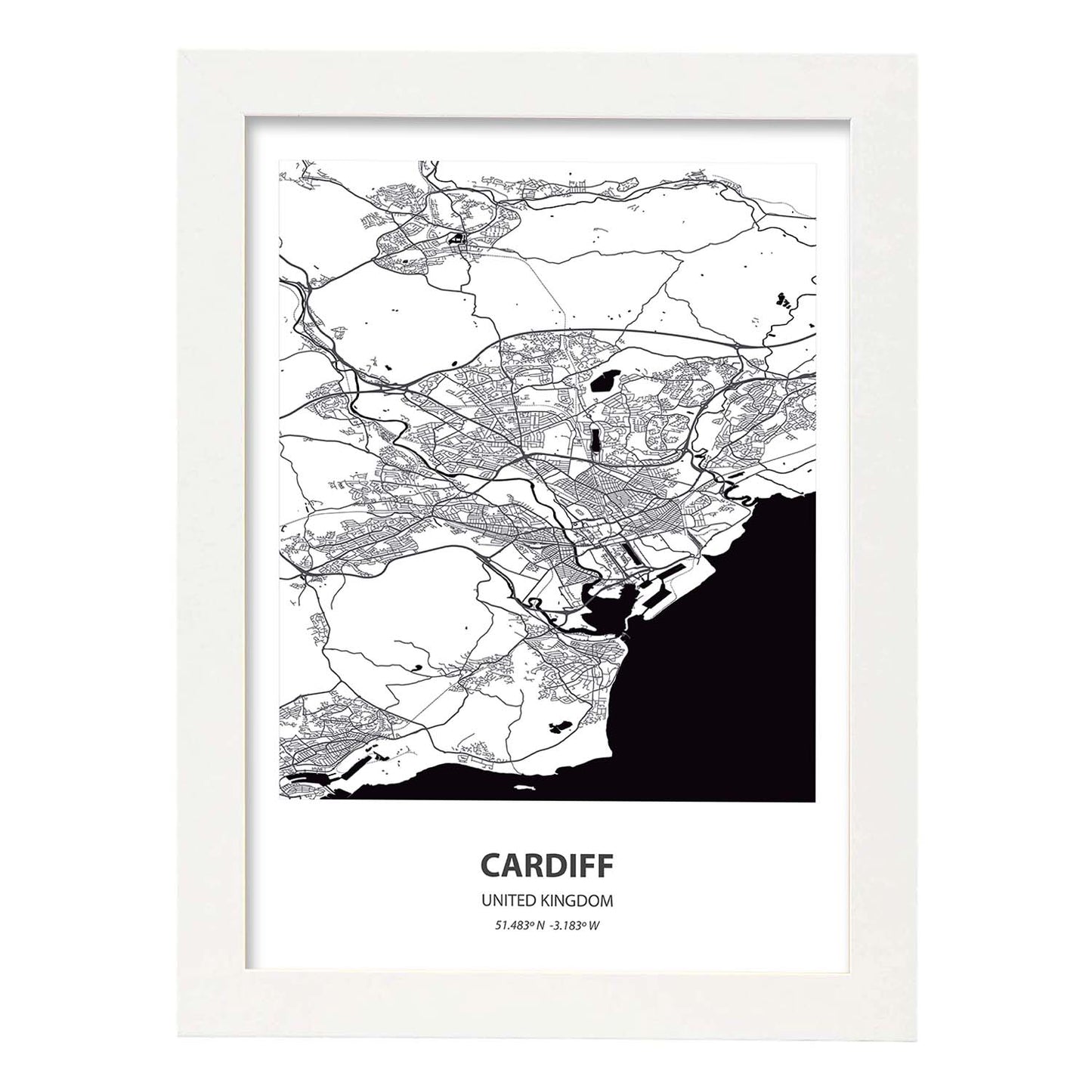 Poster con mapa de Cardiff - Reino Unido. Láminas de ciudades de Reino Unido con mares y ríos en color negro.-Artwork-Nacnic-A4-Marco Blanco-Nacnic Estudio SL