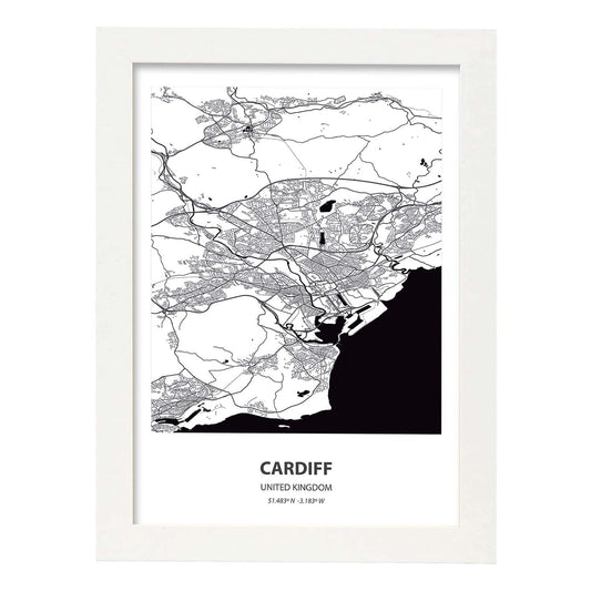 Poster con mapa de Cardiff - Reino Unido. Láminas de ciudades de Reino Unido con mares y ríos en color negro.-Artwork-Nacnic-A4-Marco Blanco-Nacnic Estudio SL