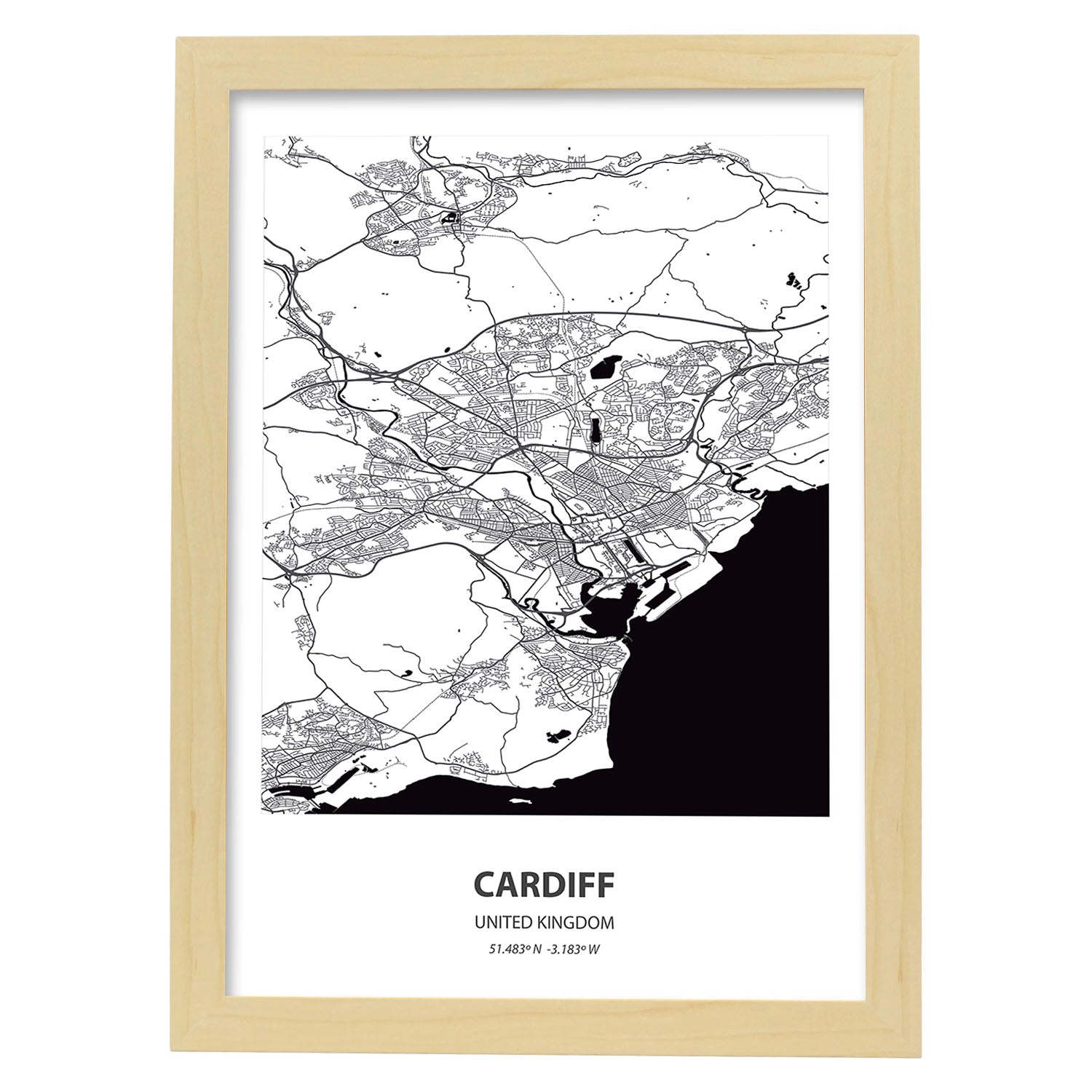 Poster con mapa de Cardiff - Reino Unido. Láminas de ciudades de Reino Unido con mares y ríos en color negro.-Artwork-Nacnic-A4-Marco Madera clara-Nacnic Estudio SL