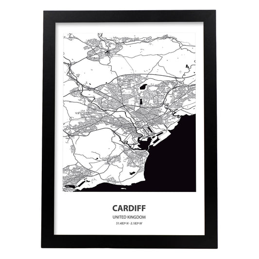 Poster con mapa de Cardiff - Reino Unido. Láminas de ciudades de Reino Unido con mares y ríos en color negro.-Artwork-Nacnic-A4-Marco Negro-Nacnic Estudio SL