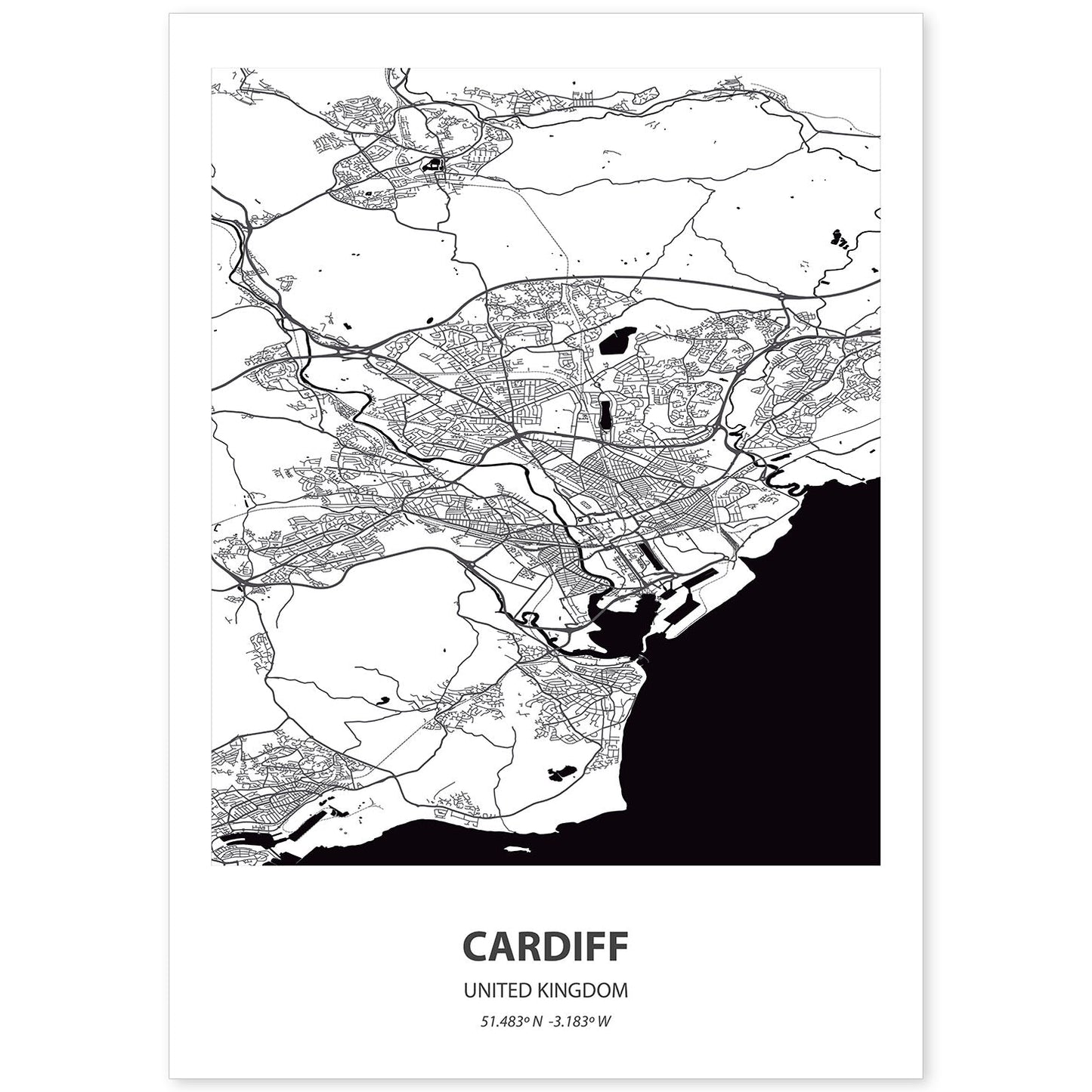 Poster con mapa de Cardiff - Reino Unido. Láminas de ciudades de Reino Unido con mares y ríos en color negro.-Artwork-Nacnic-A4-Sin marco-Nacnic Estudio SL
