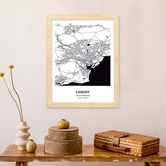 Poster con mapa de Cardiff - Reino Unido. Láminas de ciudades de Reino Unido con mares y ríos en color negro.-Artwork-Nacnic-Nacnic Estudio SL