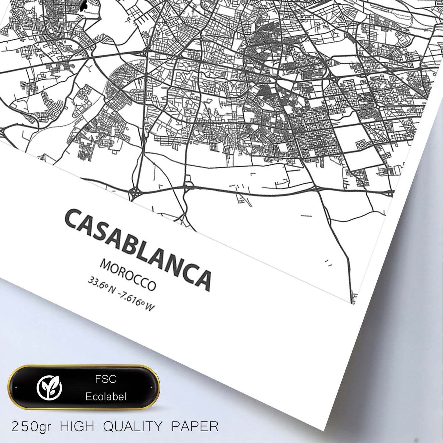 Poster con mapa de Casablanca - Marruecos. Láminas de ciudades de África con mares y ríos en color negro.-Artwork-Nacnic-Nacnic Estudio SL