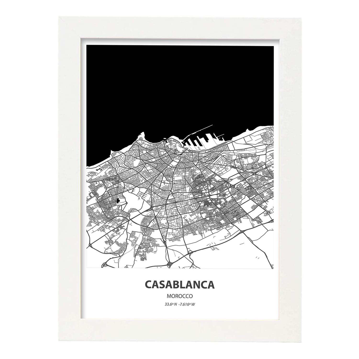 Poster con mapa de Casablanca - Marruecos. Láminas de ciudades de África con mares y ríos en color negro.-Artwork-Nacnic-A3-Marco Blanco-Nacnic Estudio SL