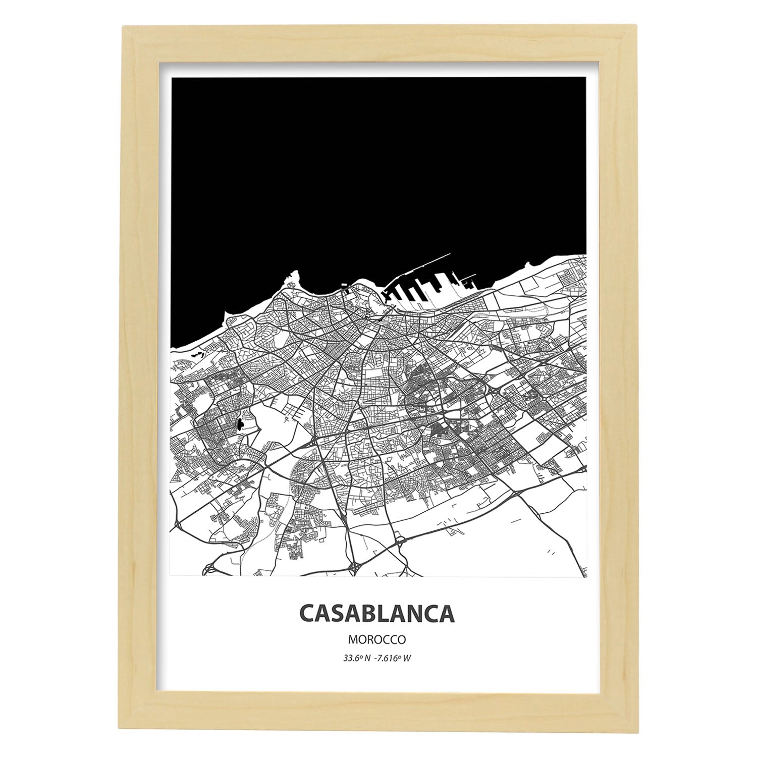 Poster con mapa de Casablanca - Marruecos. Láminas de ciudades de África con mares y ríos en color negro.-Artwork-Nacnic-A3-Marco Madera clara-Nacnic Estudio SL