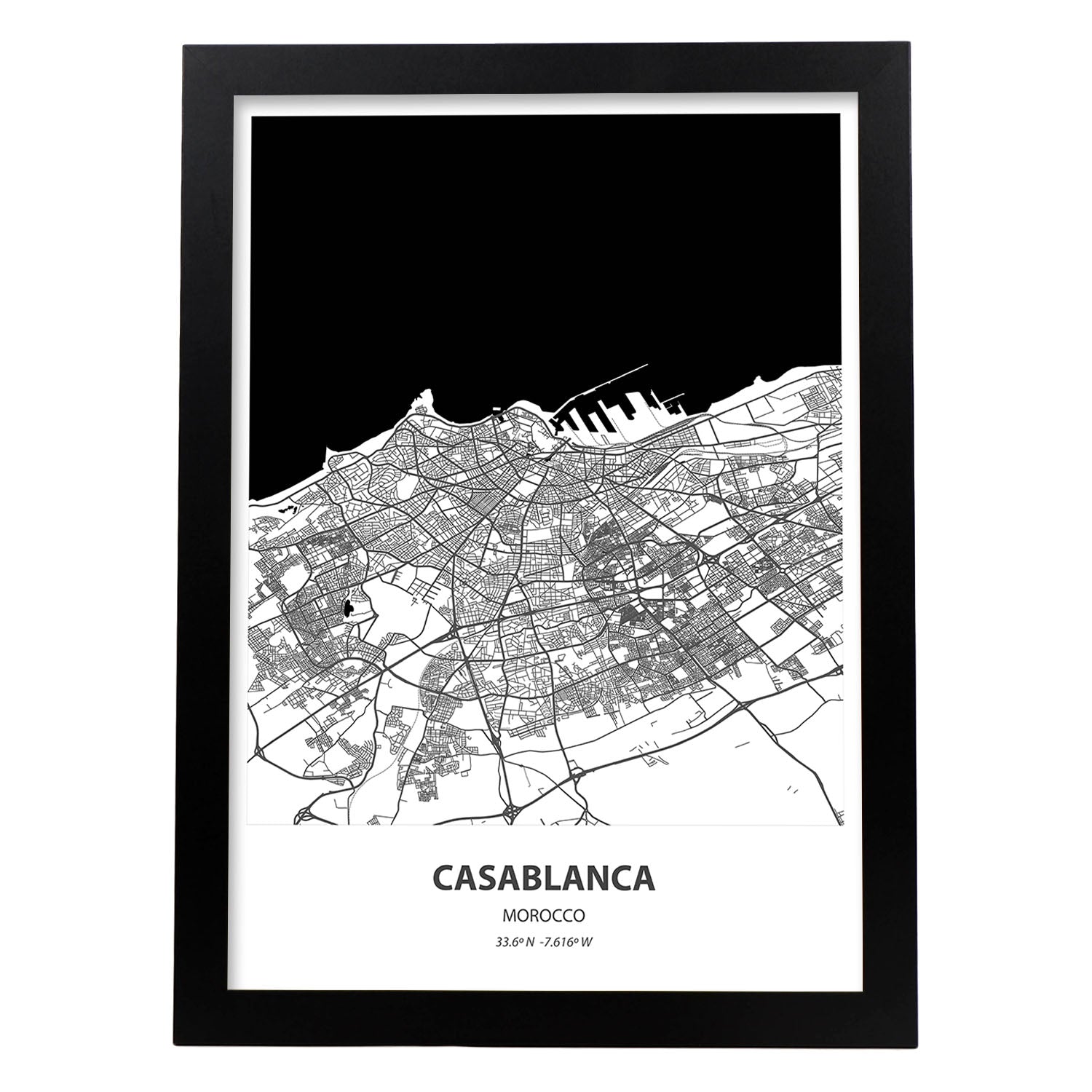 Poster con mapa de Casablanca - Marruecos. Láminas de ciudades de África con mares y ríos en color negro.-Artwork-Nacnic-A3-Marco Negro-Nacnic Estudio SL