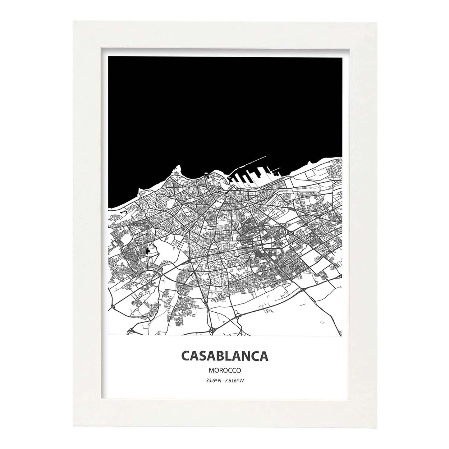 Poster con mapa de Casablanca - Marruecos. Láminas de ciudades de África con mares y ríos en color negro.-Artwork-Nacnic-A4-Marco Blanco-Nacnic Estudio SL