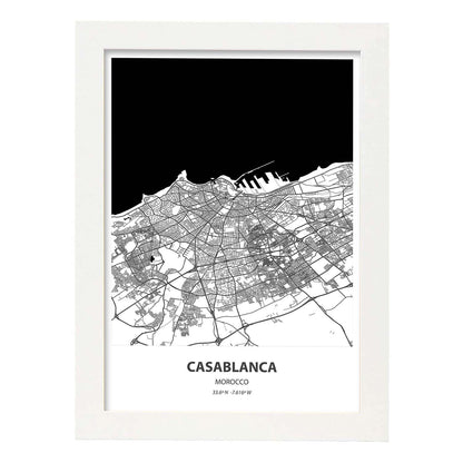 Poster con mapa de Casablanca - Marruecos. Láminas de ciudades de África con mares y ríos en color negro.-Artwork-Nacnic-A4-Marco Blanco-Nacnic Estudio SL