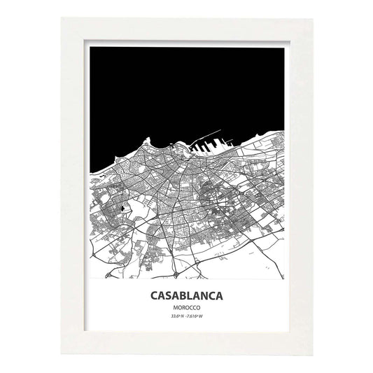 Poster con mapa de Casablanca - Marruecos. Láminas de ciudades de África con mares y ríos en color negro.-Artwork-Nacnic-A4-Marco Blanco-Nacnic Estudio SL