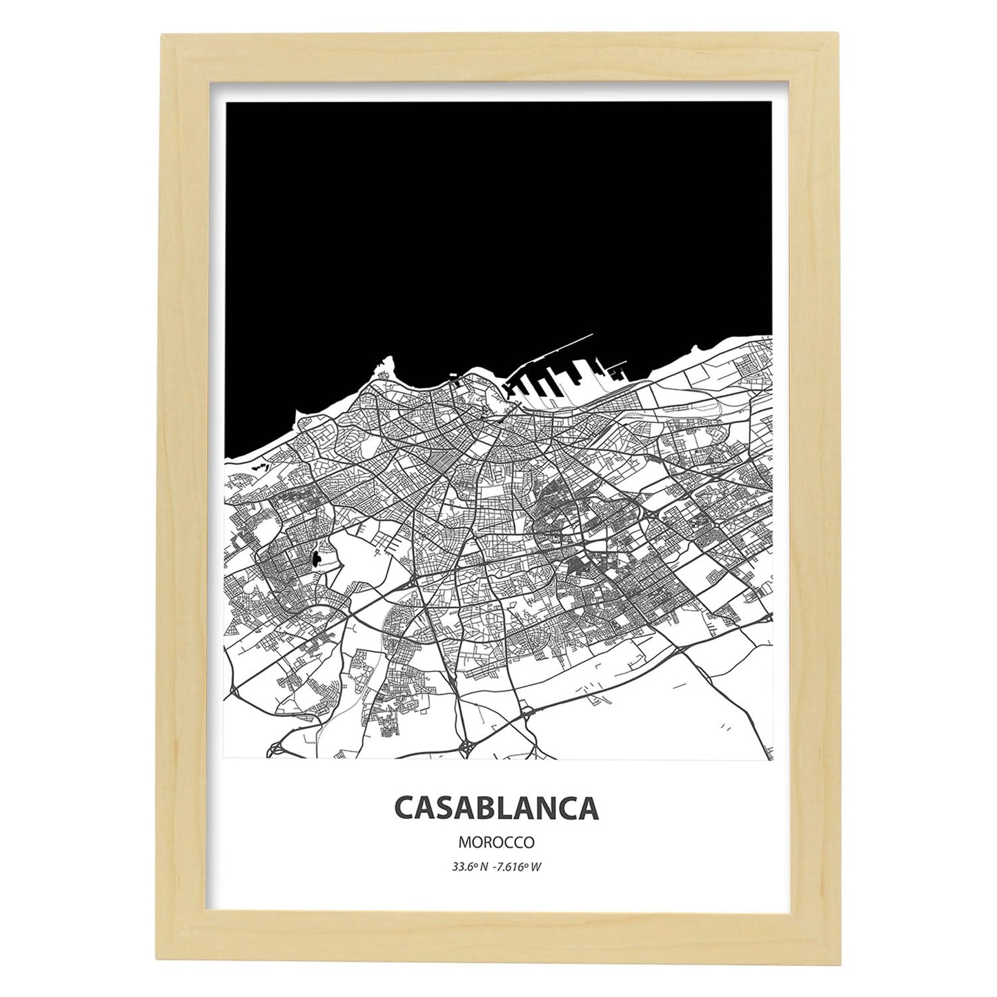 Poster con mapa de Casablanca - Marruecos. Láminas de ciudades de África con mares y ríos en color negro.-Artwork-Nacnic-A4-Marco Madera clara-Nacnic Estudio SL