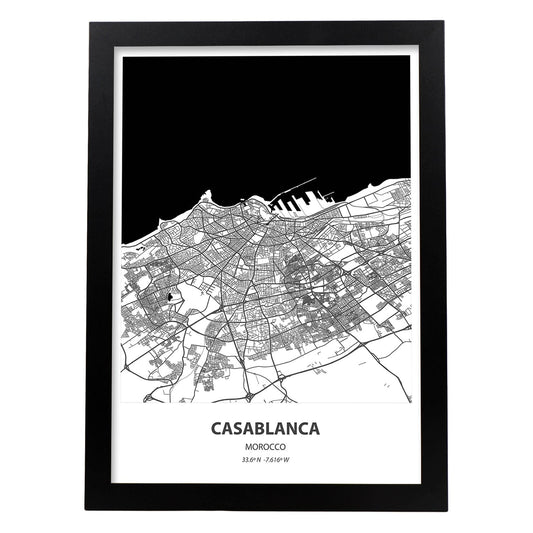Poster con mapa de Casablanca - Marruecos. Láminas de ciudades de África con mares y ríos en color negro.-Artwork-Nacnic-A4-Marco Negro-Nacnic Estudio SL
