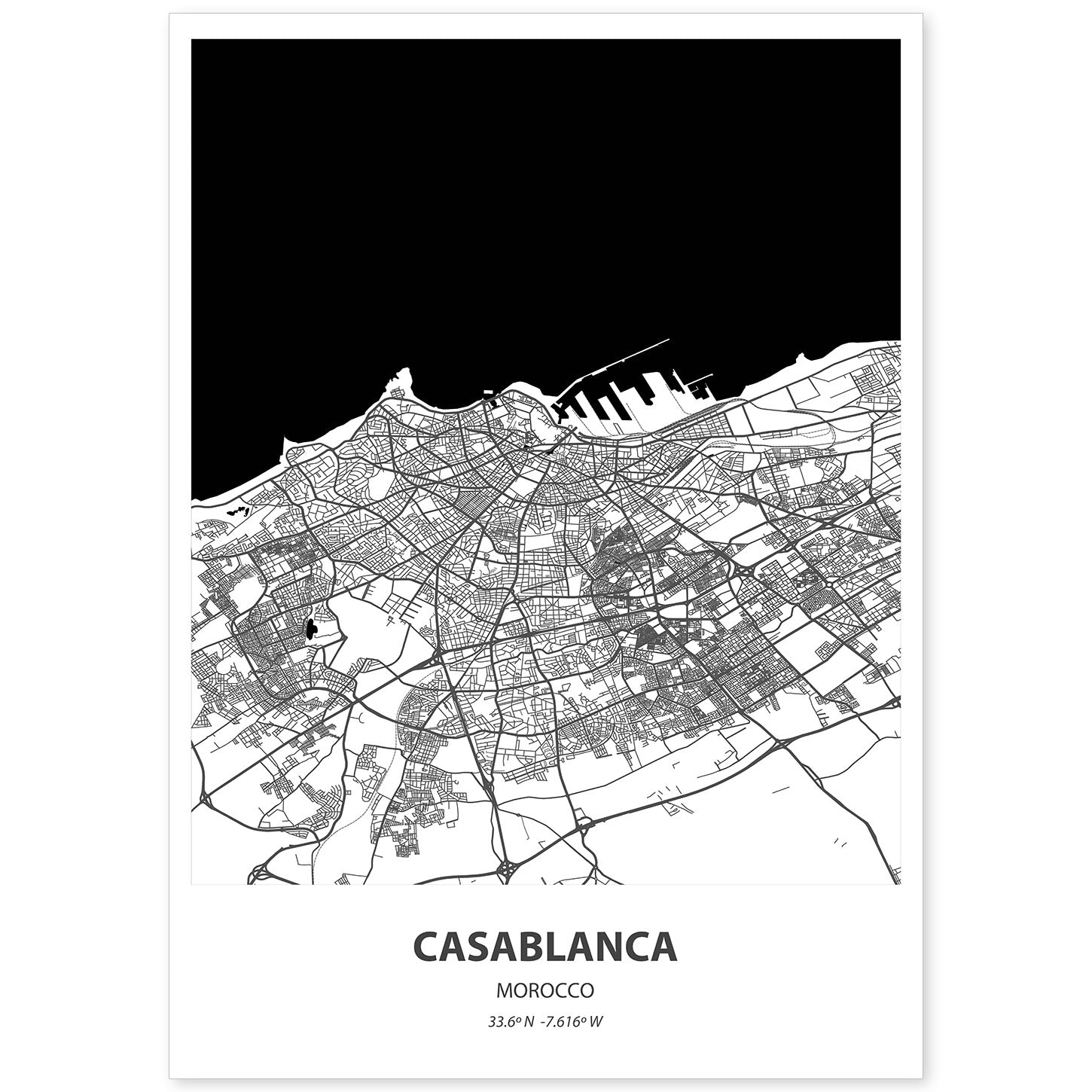 Poster con mapa de Casablanca - Marruecos. Láminas de ciudades de África con mares y ríos en color negro.-Artwork-Nacnic-A4-Sin marco-Nacnic Estudio SL