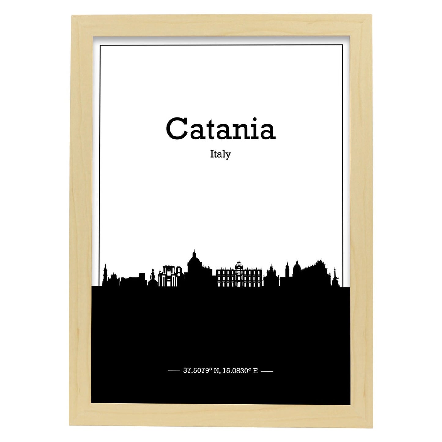 Poster con mapa de Catania - Italia. Láminas con Skyline de ciudades de Italia con sombra negra.-Artwork-Nacnic-A3-Marco Madera clara-Nacnic Estudio SL