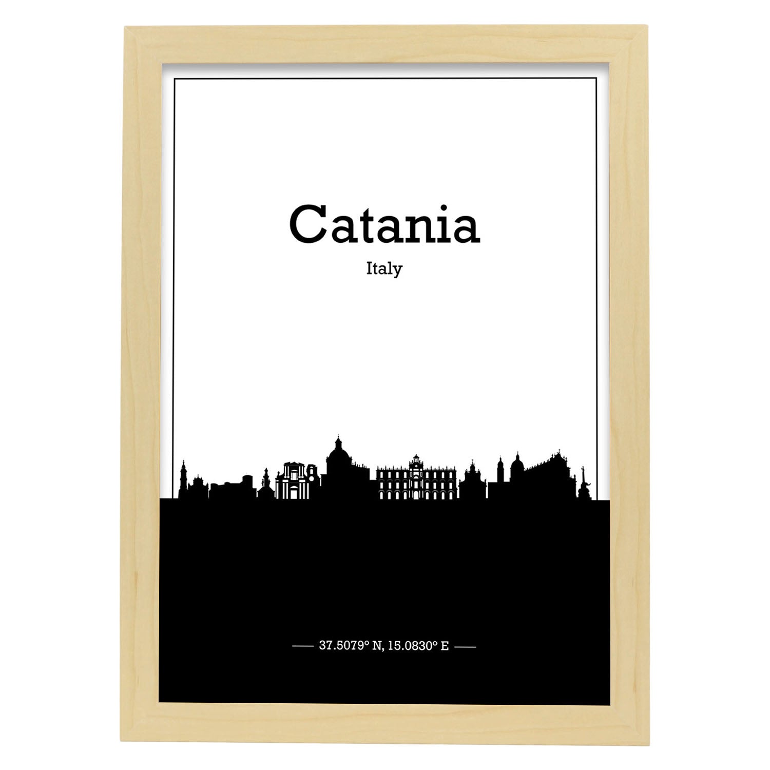Poster con mapa de Catania - Italia. Láminas con Skyline de ciudades de Italia con sombra negra.-Artwork-Nacnic-A4-Marco Madera clara-Nacnic Estudio SL