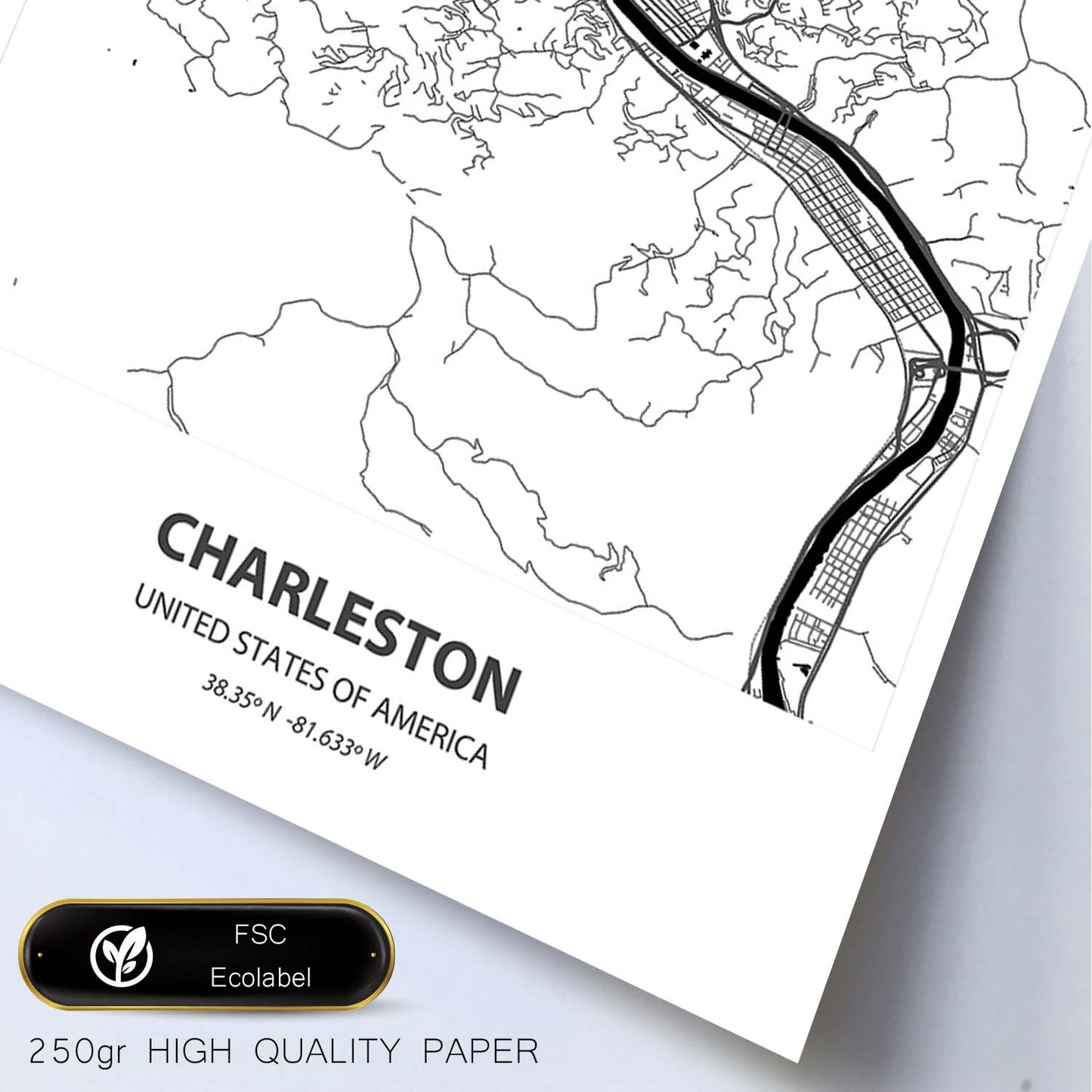 Poster con mapa de Charleston - USA. Láminas de ciudades de Estados Unidos con mares y ríos en color negro.-Artwork-Nacnic-Nacnic Estudio SL