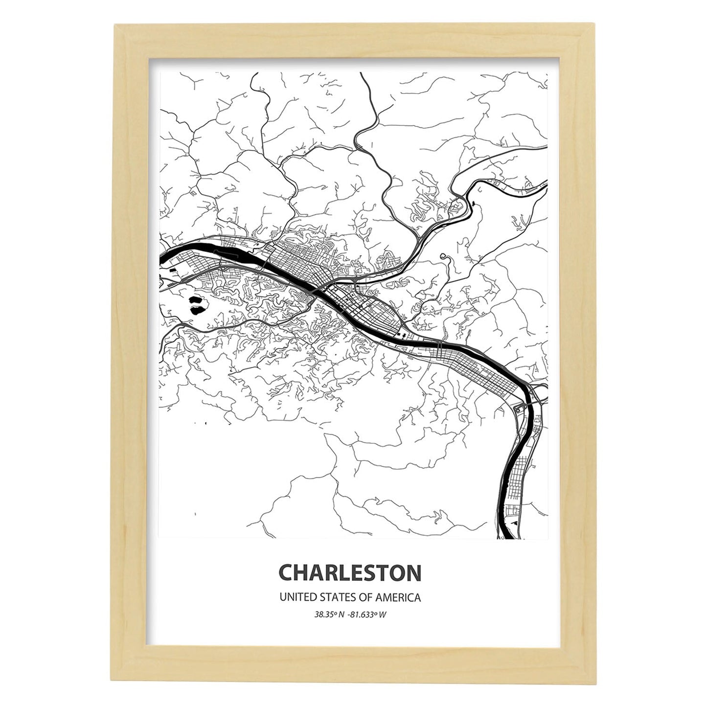 Poster con mapa de Charleston - USA. Láminas de ciudades de Estados Unidos con mares y ríos en color negro.-Artwork-Nacnic-A3-Marco Madera clara-Nacnic Estudio SL