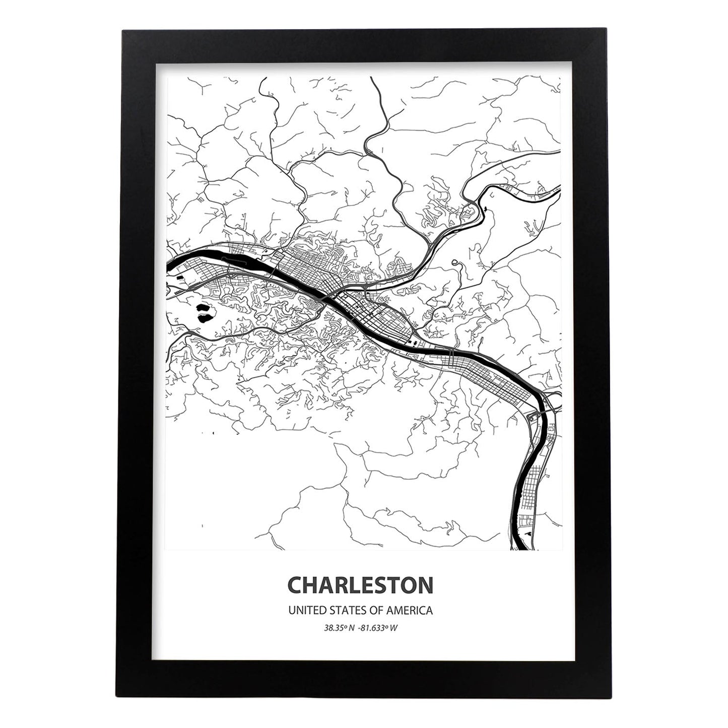 Poster con mapa de Charleston - USA. Láminas de ciudades de Estados Unidos con mares y ríos en color negro.-Artwork-Nacnic-A3-Marco Negro-Nacnic Estudio SL