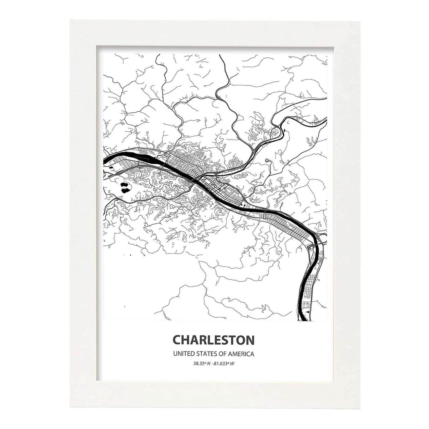 Poster con mapa de Charleston - USA. Láminas de ciudades de Estados Unidos con mares y ríos en color negro.-Artwork-Nacnic-A4-Marco Blanco-Nacnic Estudio SL