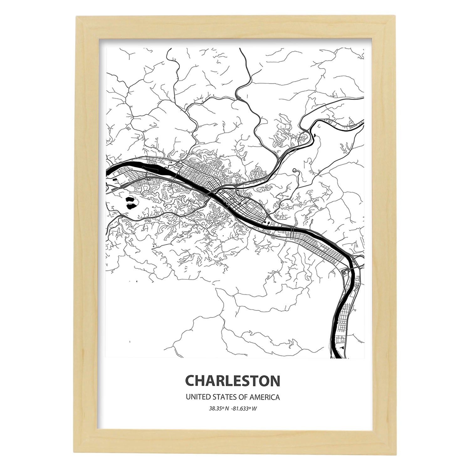 Poster con mapa de Charleston - USA. Láminas de ciudades de Estados Unidos con mares y ríos en color negro.-Artwork-Nacnic-A4-Marco Madera clara-Nacnic Estudio SL